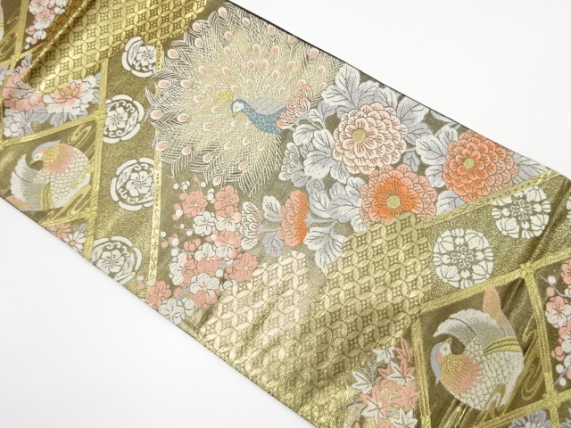 天井柄に花鳥模様織り出し　袋帯